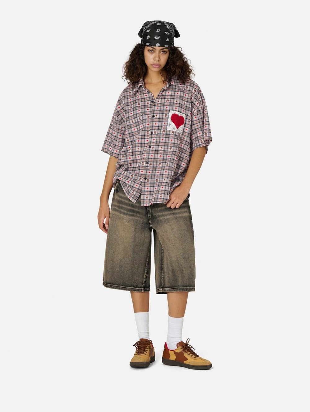 NWT Aelfric Eden Pink Plaid Short-Sleeve Button-Down Red Heart Patch Pocket XS